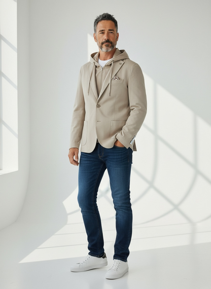 Look Uomo Elegante con Giacca Uomo MEG Punto Milano Cappuccio Rimovibile Beige Made in Italy Frarò