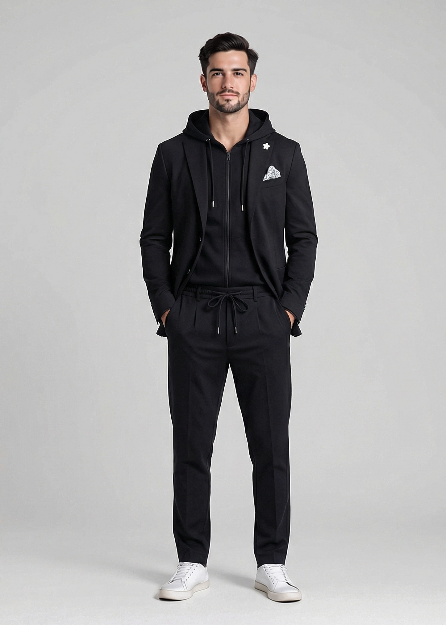 Abito Uomo MEG Nero – Completo Giacca con Cappuccio e Pantalone Elasticizzato Made in Italy
