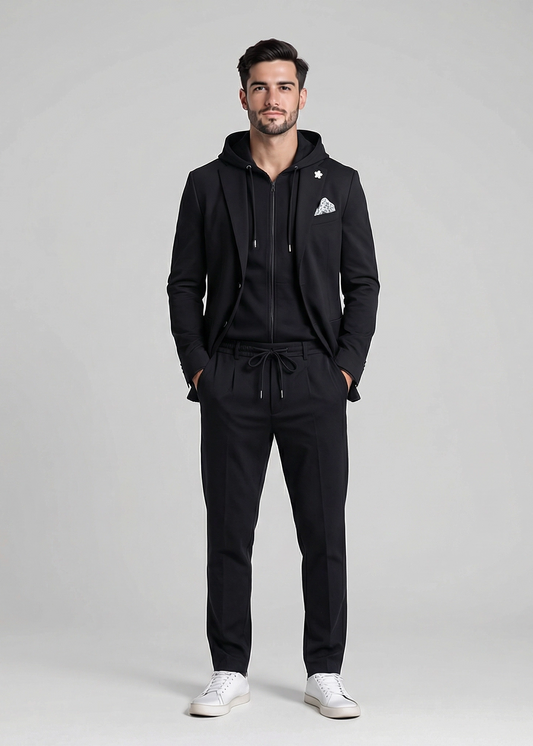 Abito Uomo MEG Nero – Completo Giacca con Cappuccio e Pantalone Elasticizzato Made in Italy
