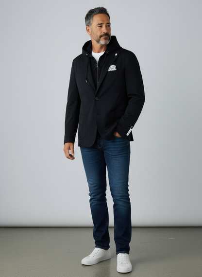 Look Uomo Elegante con Giacca Uomo MEG Punto Milano Cappuccio Rimovibile nero Made in Italy Frarò