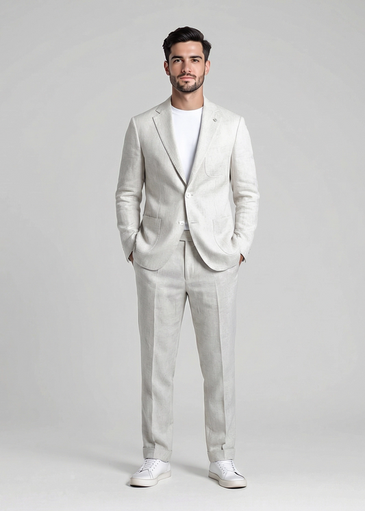 Abito uomo 653 completo giacca e pantalone in lino e viscosa panna, sartoriale Made in Italy – Frarò - vista frontale indossato