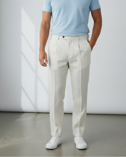 Pantalone uomo MES in lino e viscosa colore panna, vestibilità regolare, Made in Italy – Frarò