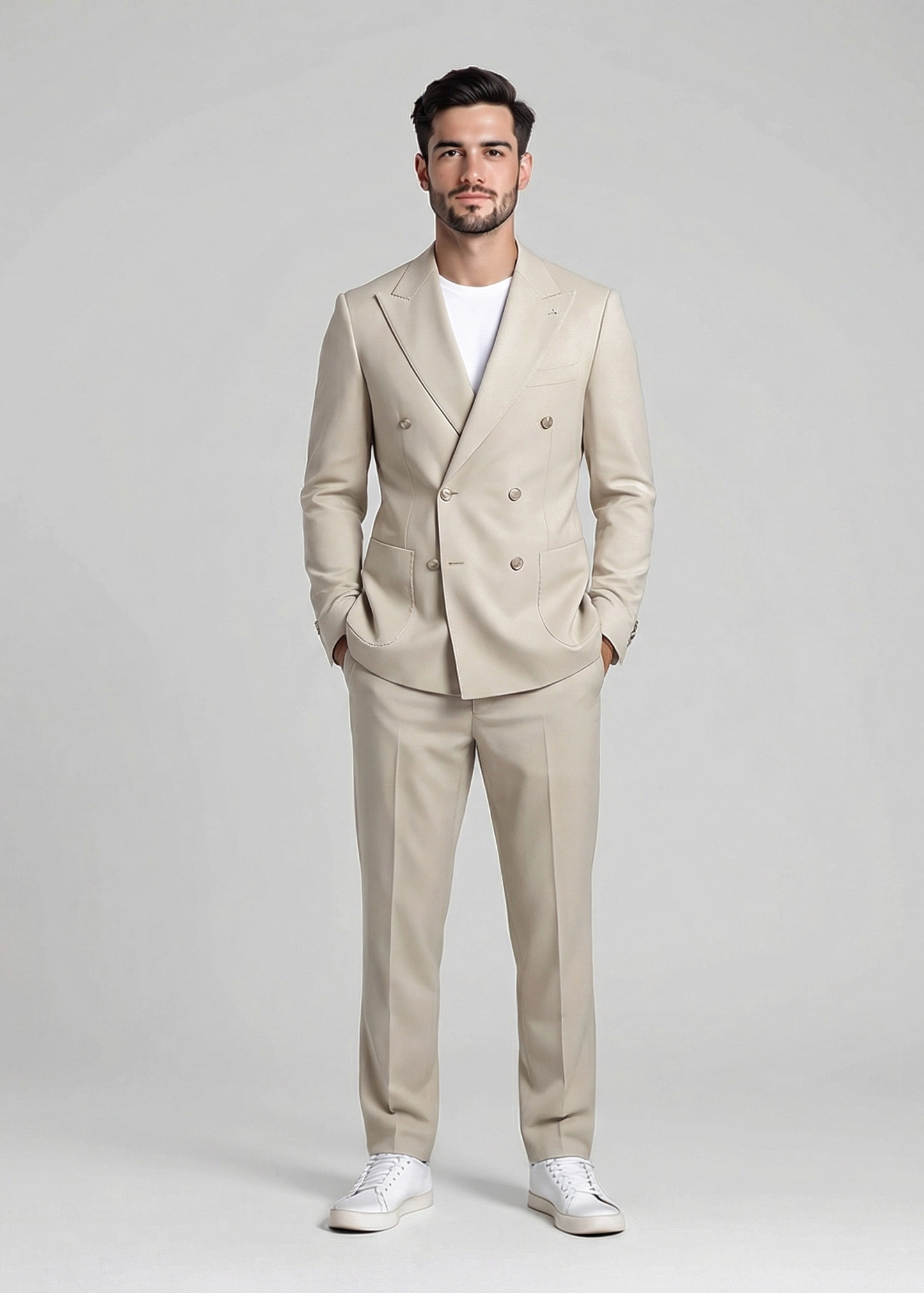 Abito uomo doppio petto in beige - vista frontale - indossato da modello