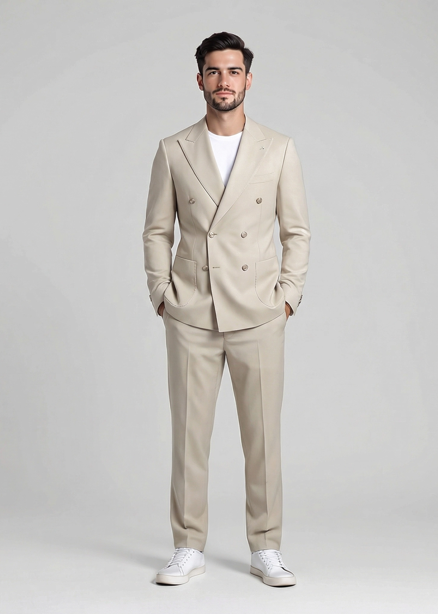 Abito uomo doppio petto in beige - vista frontale - indossato da modello