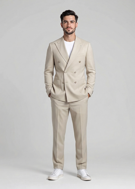 Abito uomo doppio petto in beige - vista frontale - indossato da modello