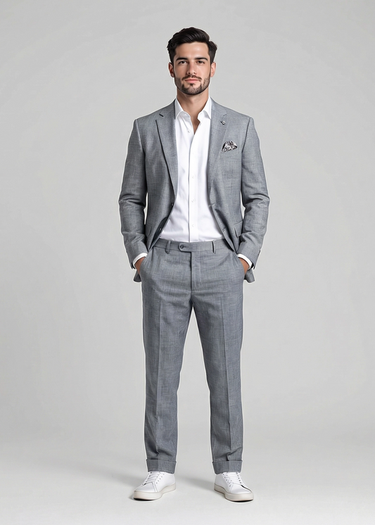 Abito uomo fresco lana in grigio - vista frontale - indossato da modello