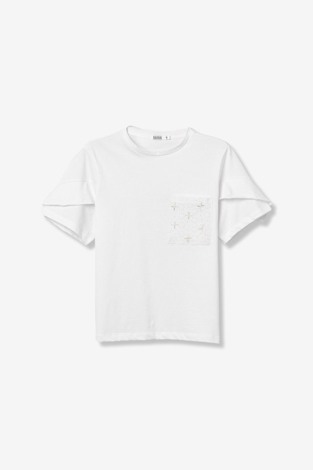 T-shirt donna Alina cotone bianca con taschino pizzo Sangallo, girocollo