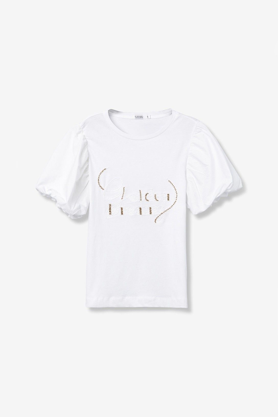 T-shirt donna cotone maniche a sbuffo bianca ricamo dorato - dettaglio maniche a sbuffo femminili