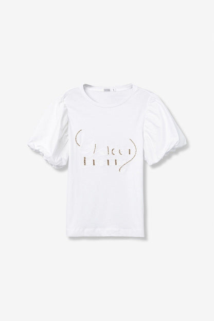 T-shirt donna cotone maniche a sbuffo bianca ricamo dorato - dettaglio maniche a sbuffo femminili
