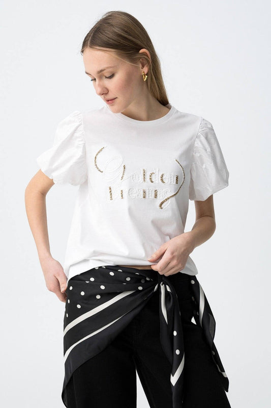 T-shirt donna cotone maniche a sbuffo - vista frontale ricamo Golden Dreams oro