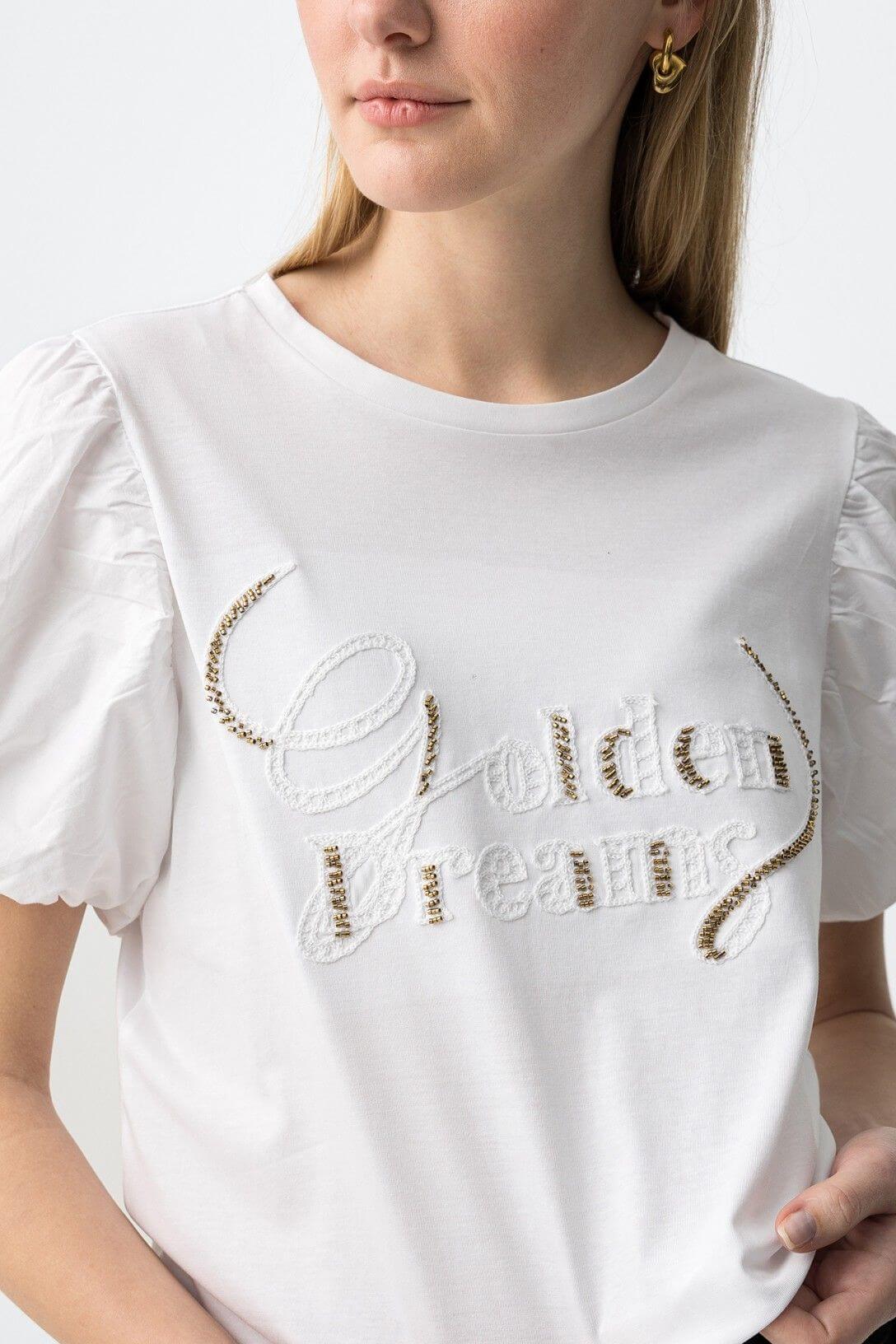 T-shirt donna cotone maniche a sbuffo bianca - dettaglio qualità ricamo oro prezioso