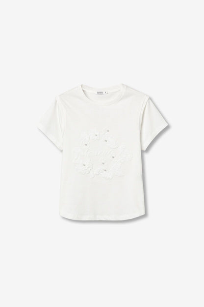T-shirt donna Angel avorio – vista e-commerce, dettaglio floreale in rilievo, taglie XS–XL Tiffosi
