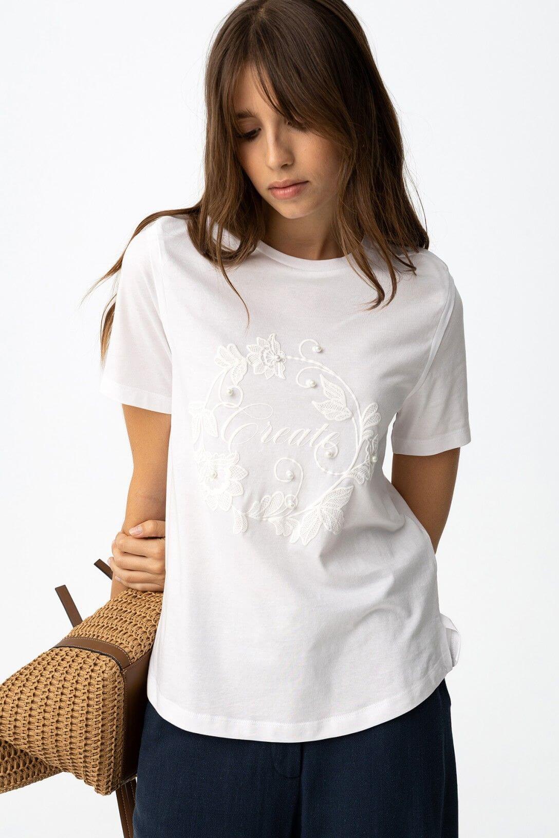 T-shirt donna Angel avorio – vista frontale con dettaglio floreale in rilievo, manica corta 100% cotone Tiffosi
