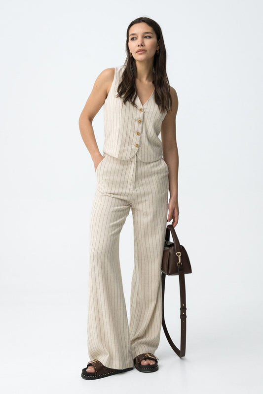 Coordinato donna Anitta – look completo gilet e pantalone a righe beige, stile casual chic estivo, Frarò Shop
