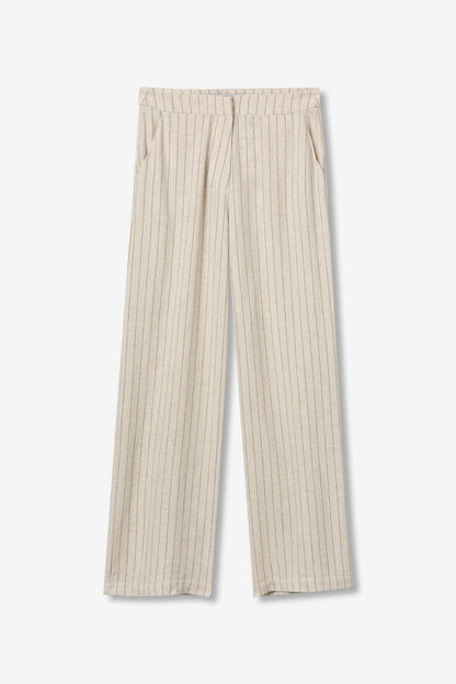 Coordinato donna Anitta – dettaglio pantalone in tessuto viscosa lino beige a righe, qualità artigianale collezione estiva Frarò Shop
