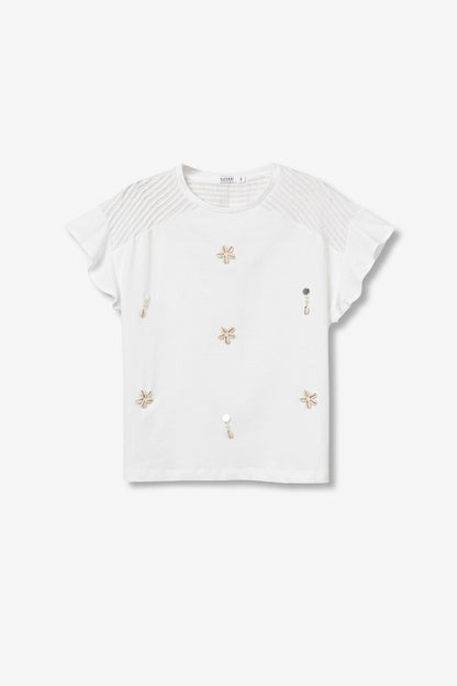 T-Shirt Aponi Donna – Bianca con Applicazioni Floreali e Spalle Texturizzate