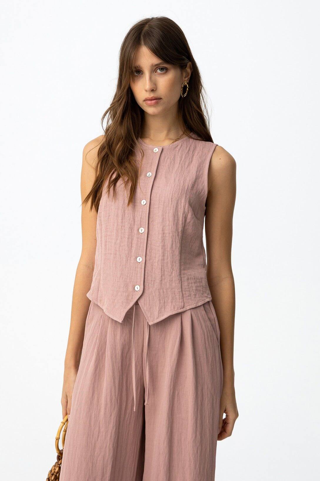 "Cord Set Augusta Cipria — completo donna due pezzi con pantalone wide-leg, colorazione rosa cipria"