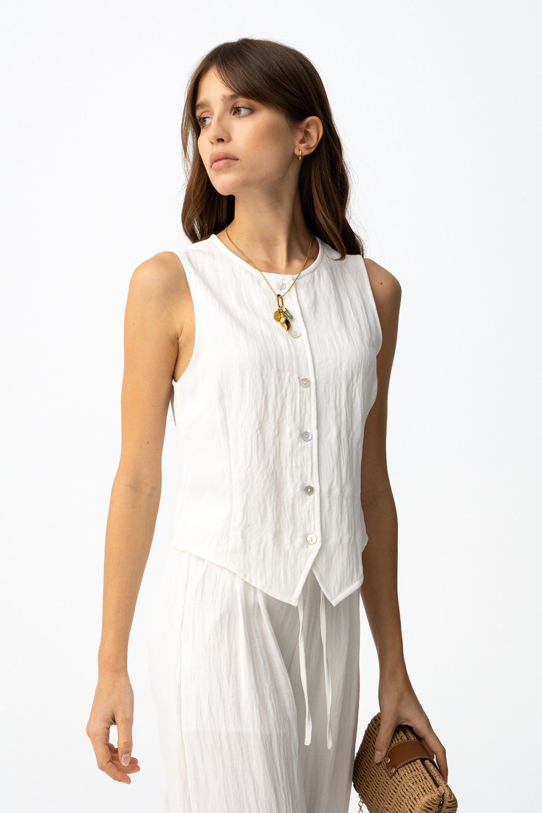 "Cord Set Augusta Bianco — gilet senza maniche e pantalone palazzo donna, vista frontale"