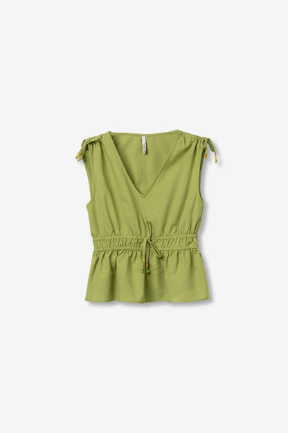 Top Beram Verde donna – vista frontale, scollo a V e vita arricciata con coulisse

