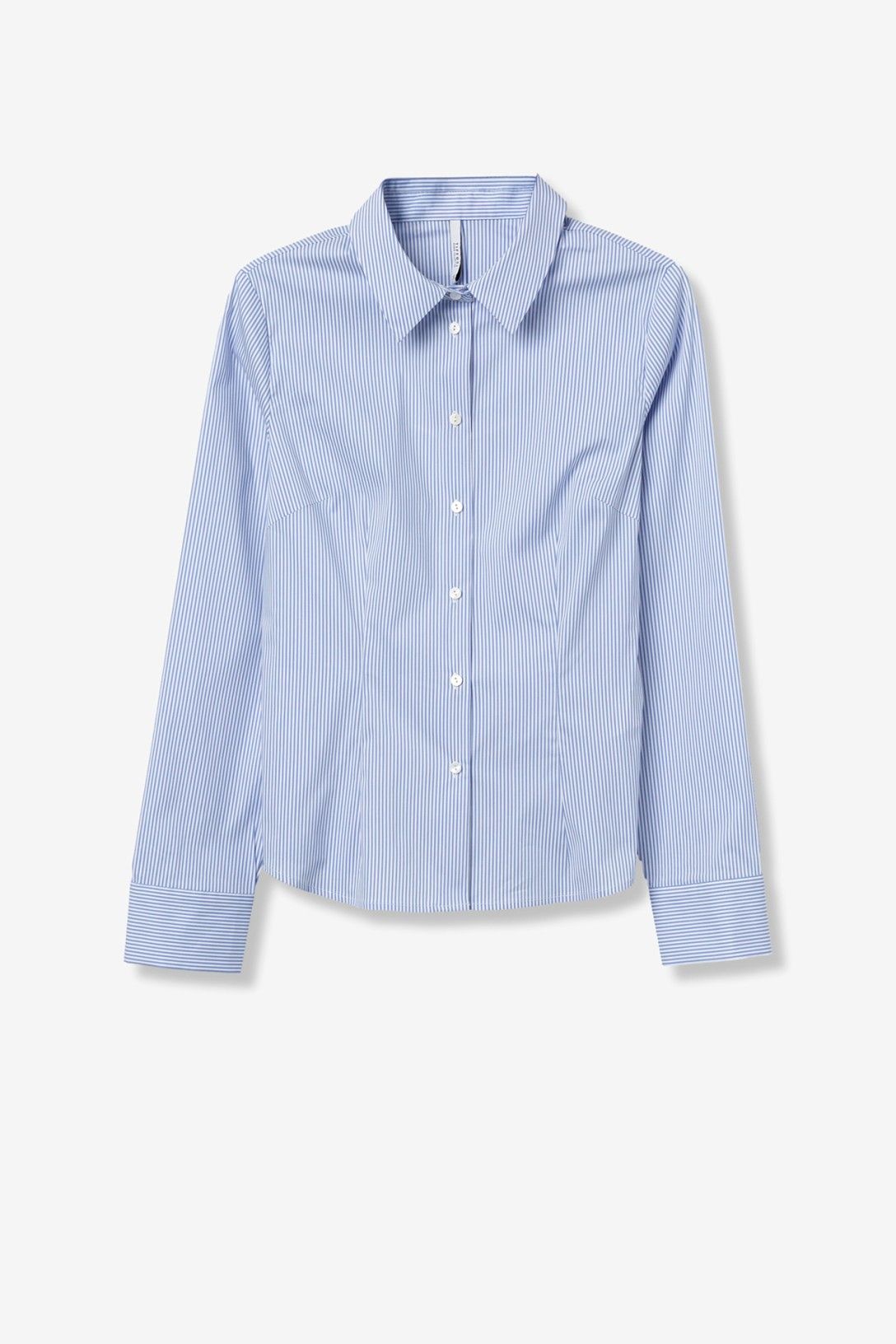 Camicia donna Beto Tiffosi a righe celesti e bianche - collo francese manica lunga vista frontale
