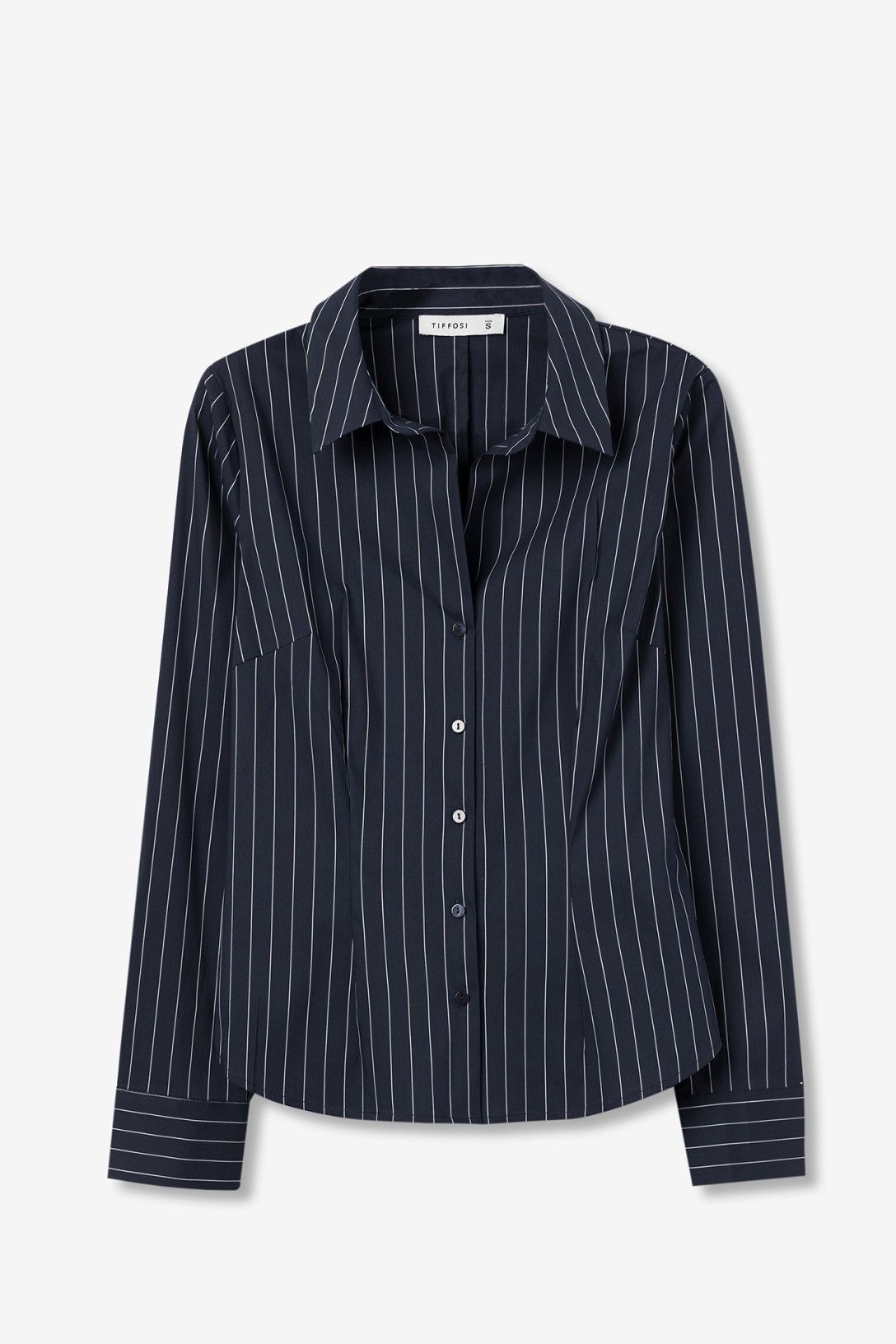 Camicia donna Beto Tiffosi blu a righe - collo francese manica lunga vista frontale