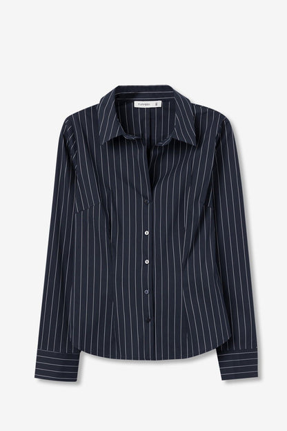 Camicia donna Beto Tiffosi blu a righe - collo francese manica lunga vista frontale
