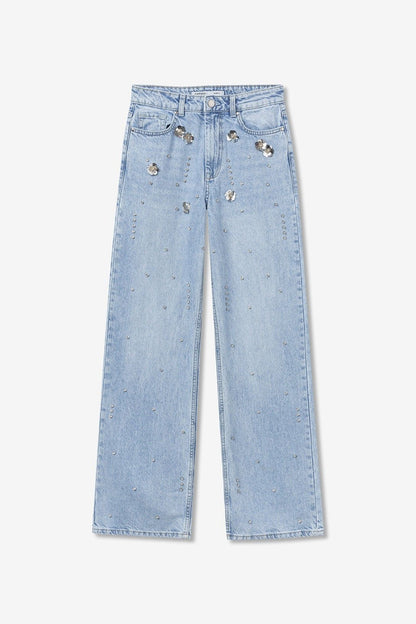 Jeans donna wide leg Bonnye_61 vita alta con dettagli fiori Swarovski - vista frontale
