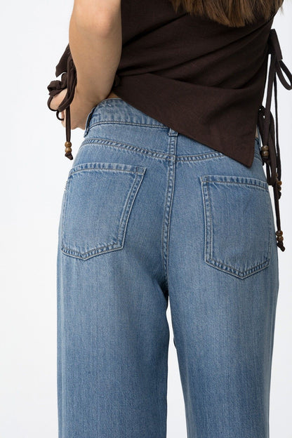 jeans donna wide leg Bonnye vita alta - vista posteriore tasca e lavaggio sabbiato