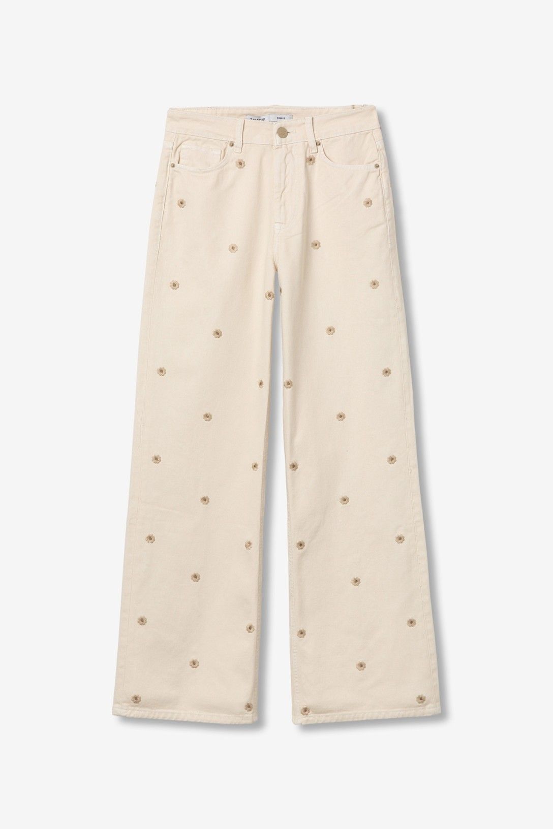 Jeans donna beige gamba larga Bonnye con ricami floreali - vista completa