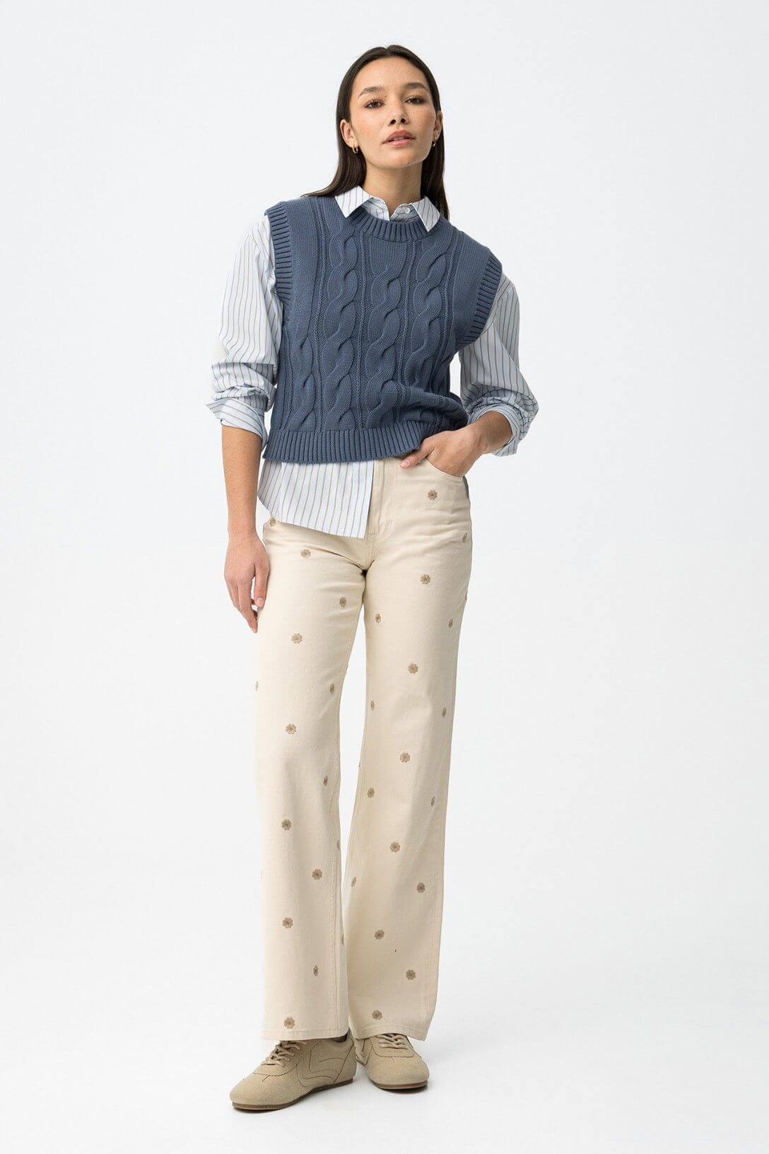 Jeans donna beige gamba larga ricamo floreale Bonnye - vista frontale