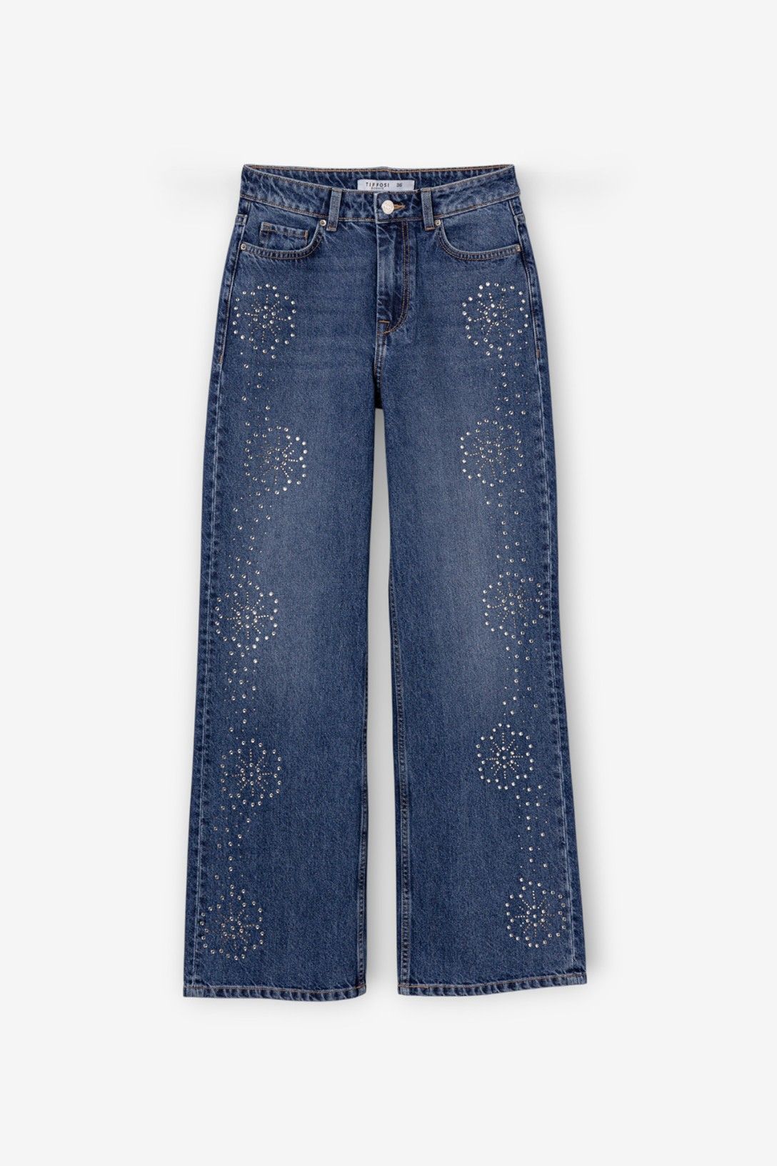 Jeans donna Bonnye_71 blu a gamba larga, vista frontale con fiori in borchie