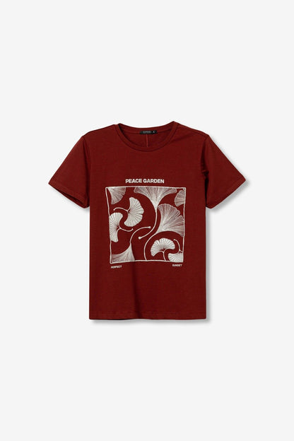 T-shirt donna Brandy cotone mattone stampa palme Slow Bliss, girocollo casual