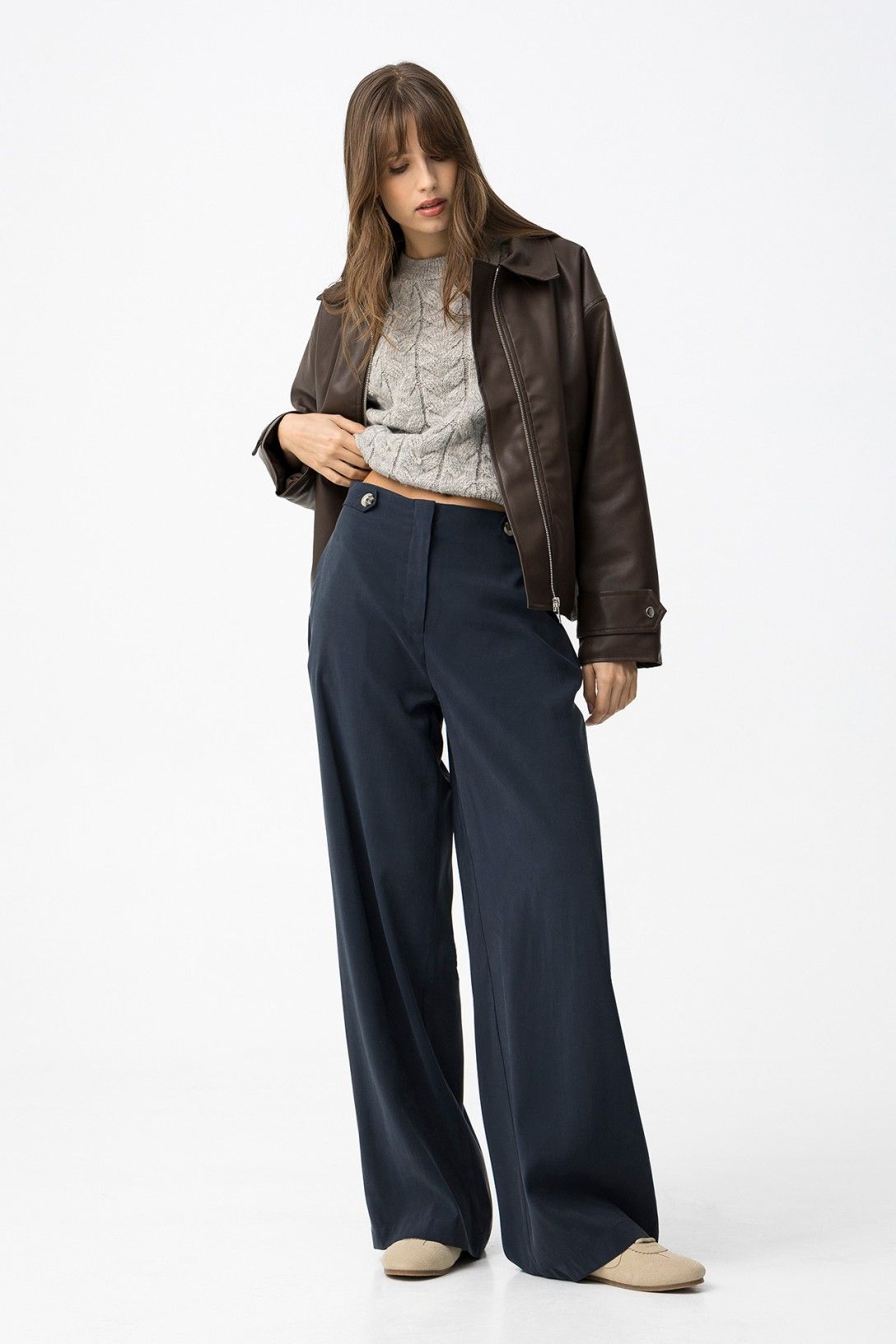 Pantalone donna a palazzo Camelia_1 blu scuro - vista completa wide leg a palazzo