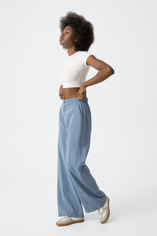 "Pantalone Palazzo Camelia Celeste - Pantalone estivo a vita alta, ideale per look freschi e sportivi"