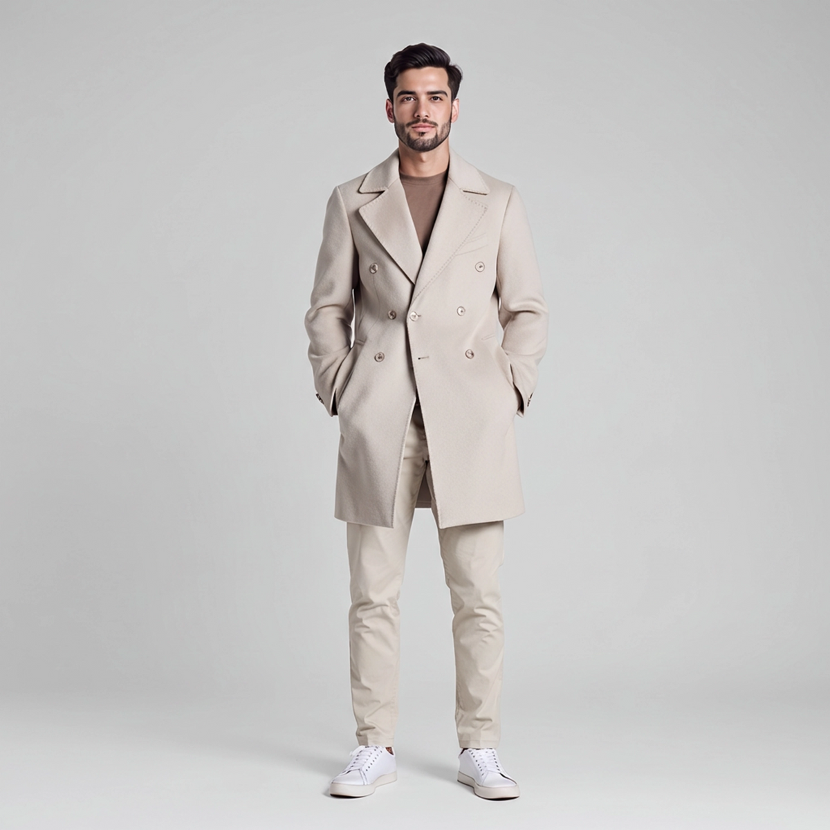 "Cappotto uomo doppio petto beige elegante - vista frontale - indossato da modello