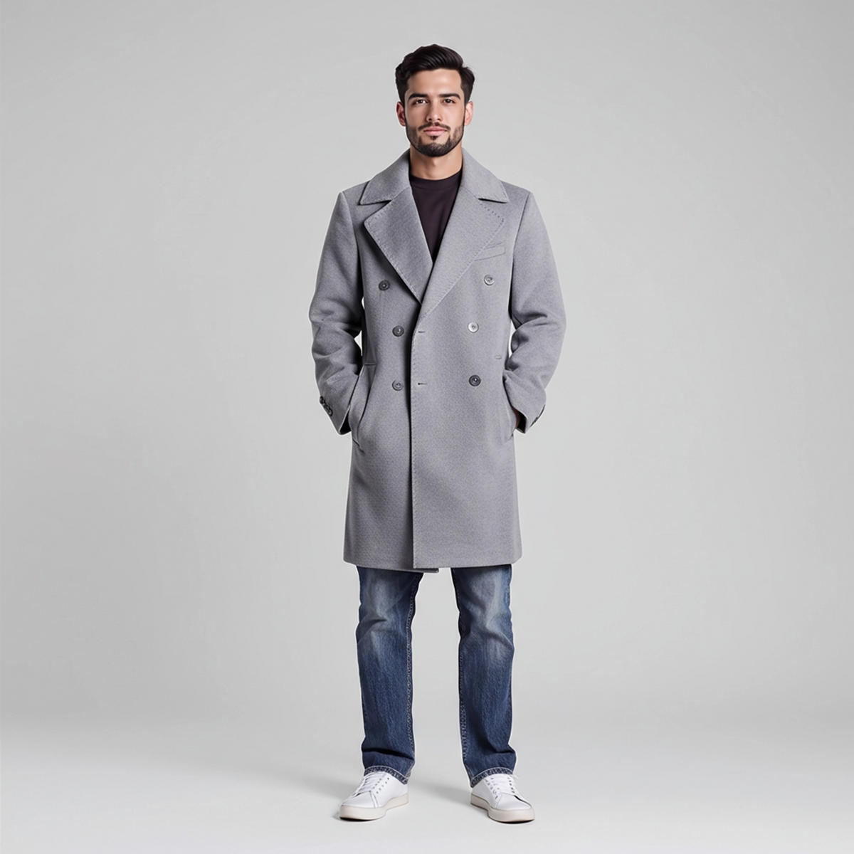 "Cappotto uomo doppio petto grigio elegante - vista frontale - indossato da modello