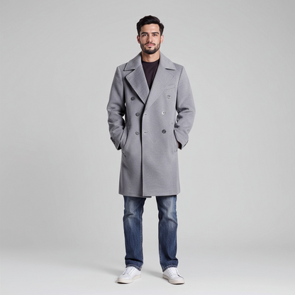 "Cappotto uomo doppio petto grigio elegante - vista frontale - indossato da modello