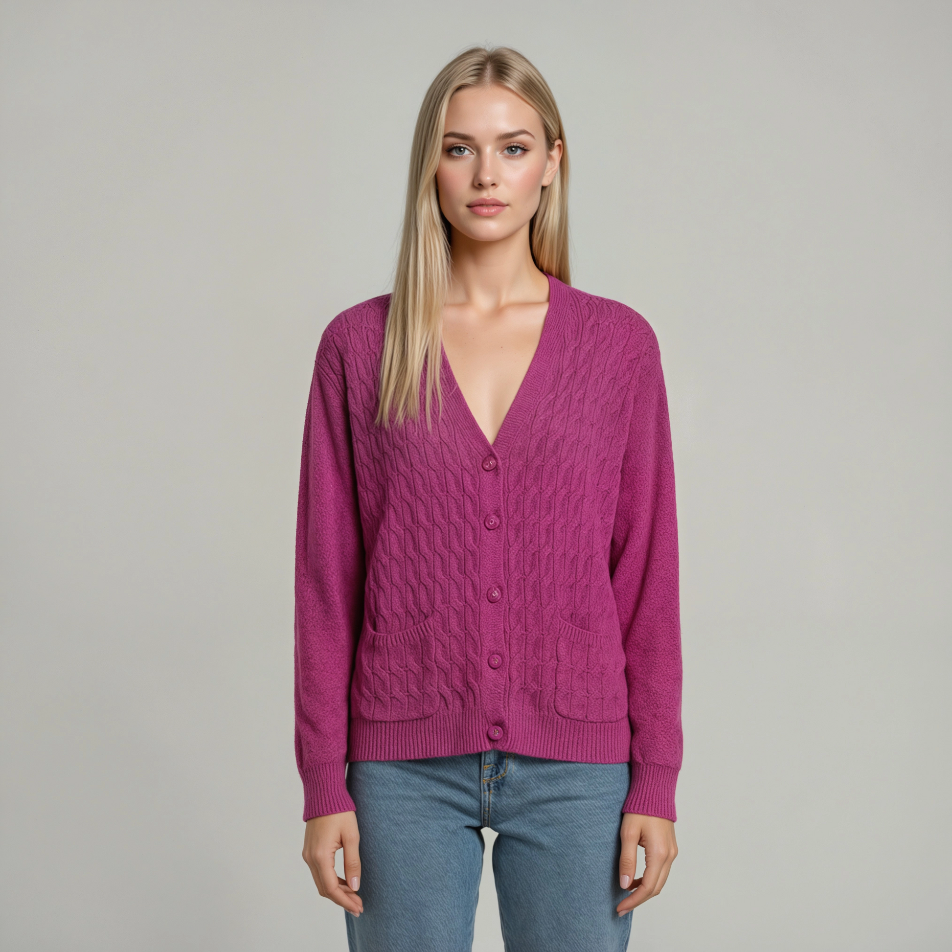 Cardigan donna trecce lana scollo V con bottoni - vista frontale indossato