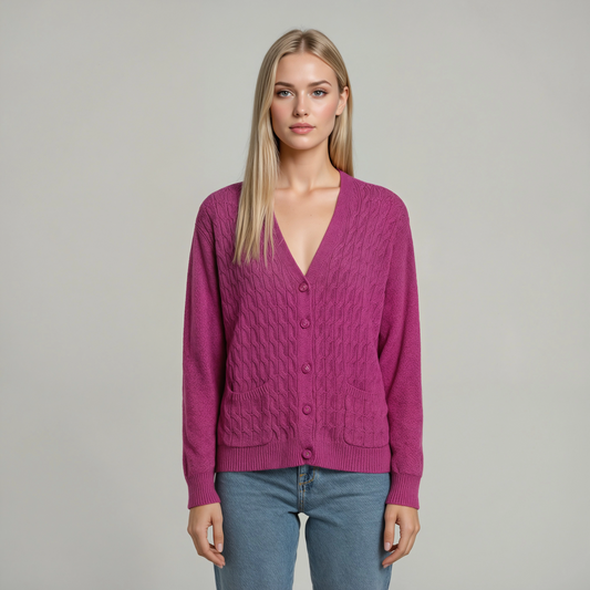 Cardigan donna trecce lana scollo V con bottoni - vista frontale indossato