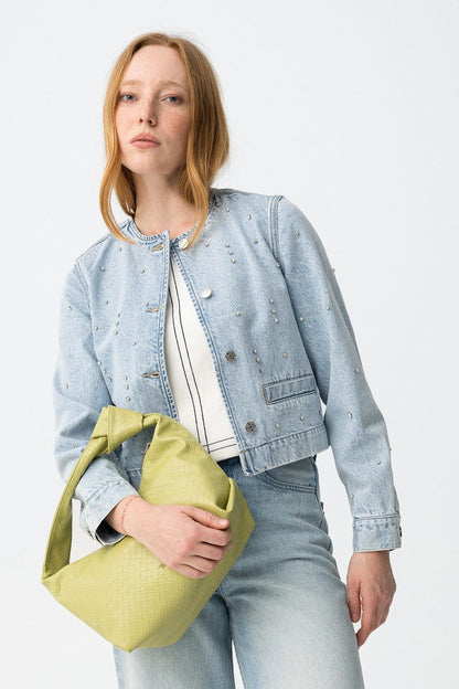  Giubbotto donna jeans collo Chanel - dettaglio abbottonatura frontale