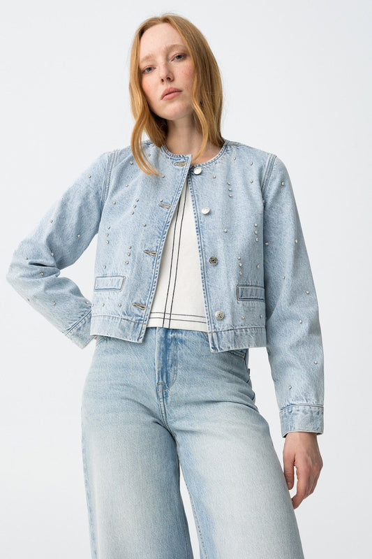 Giubbotto donna jeans collo Chanel con Swarovski - vista frontale