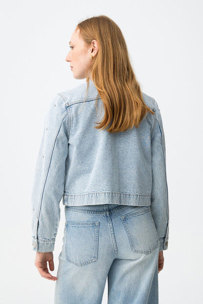 Giubbotto donna jeans collo chanel  cotone 100% - modello indossato - vista posteriore