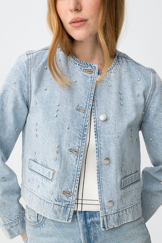 Giubbotto donna jeans collo chanel denim blu - dettaglio applicazioni Swarovski