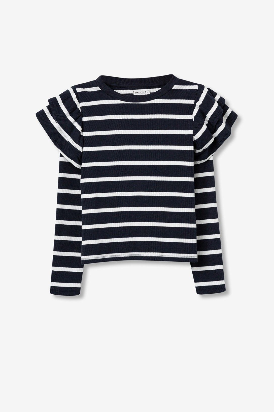 T-shirt Charlie a righe indossata con jeans, vista frontale completa, dettaglio volant sulle spalle e maniche lunghe
