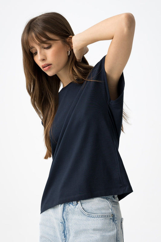 T-shirt donna Charlize manica corta blu scuro - girocollo e manica corta con alette - vista frontale