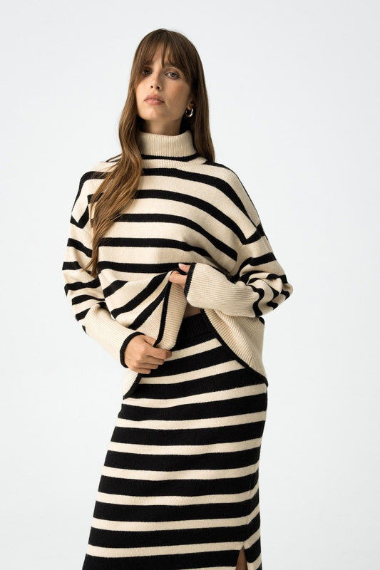 Maglione donna a righe Tiffosi Circe con collo alto - vista frontale
