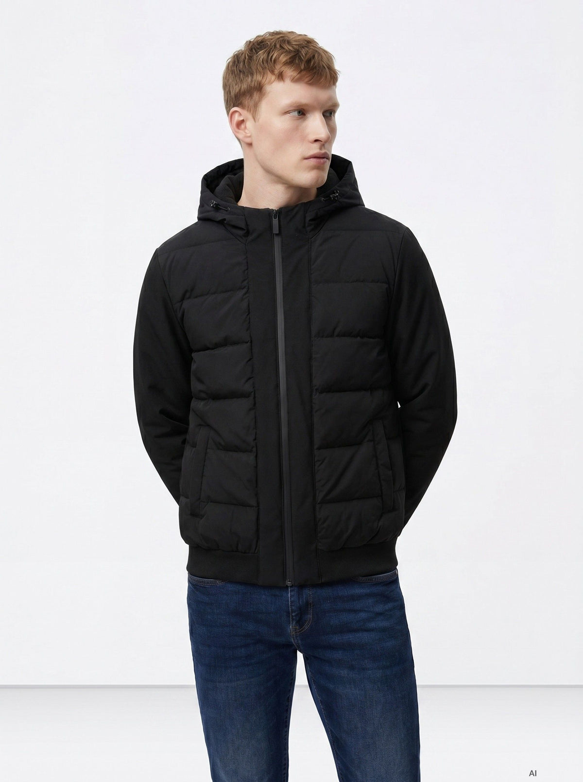 Piumino uomo Clark Tiffosi nero indossato, vista frontale con cappuccio e tasche laterali.