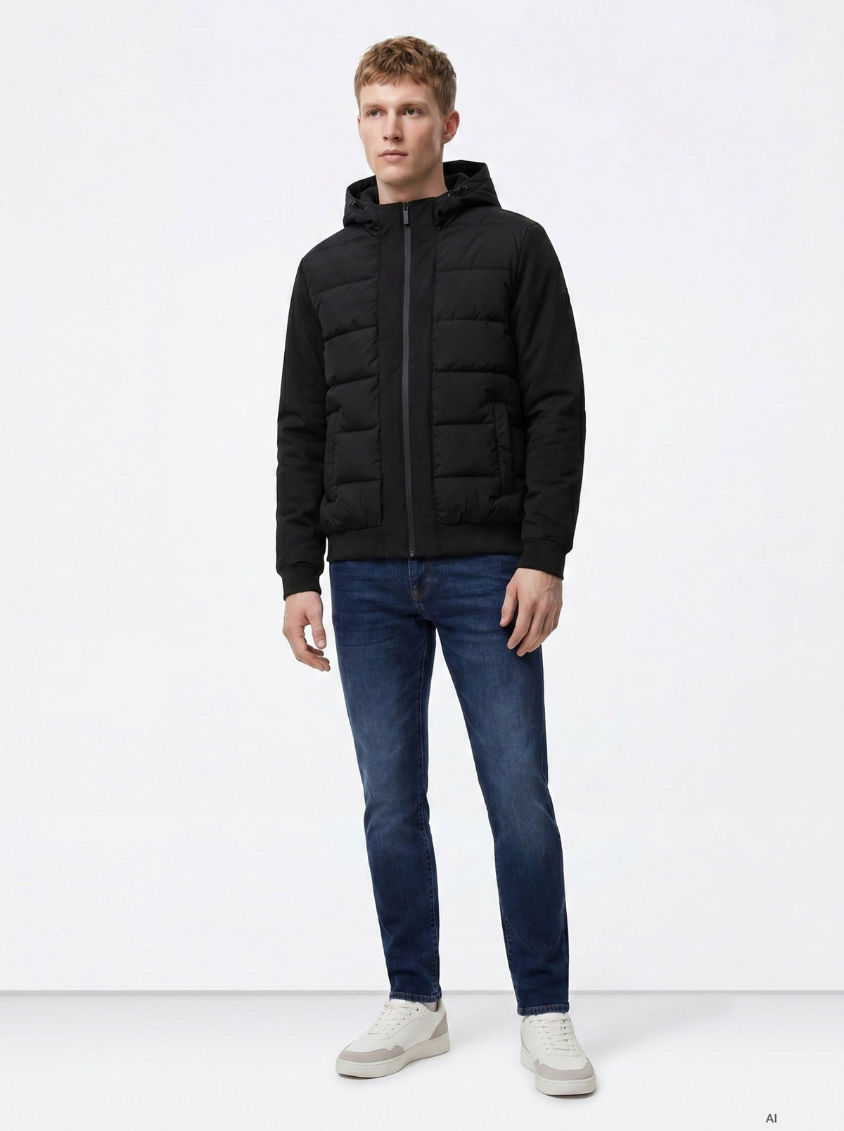 Piumino uomo Clark Tiffosi nero indossato a figura intera con jeans blu e sneakers bianche.