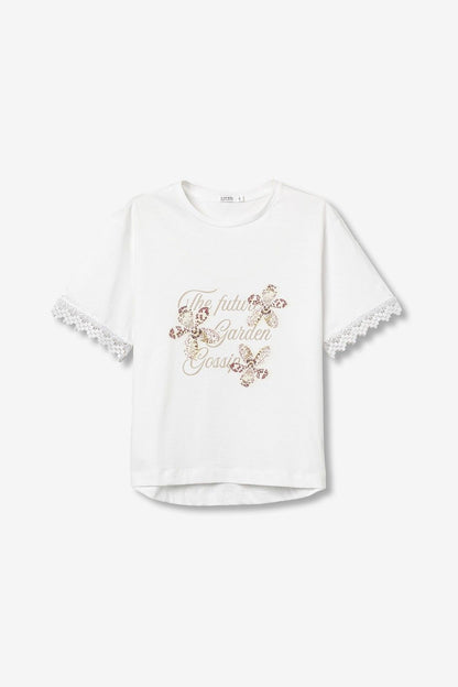 T-shirt donna Comfey cotone bianca stampa floreale, bordo pizzo maniche