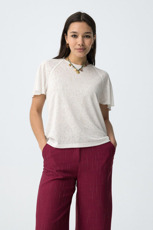 T-Shirt Cooky donna bianca star white in viscosa, girocollo e manica corta con volant - vista frontale | Frarò
